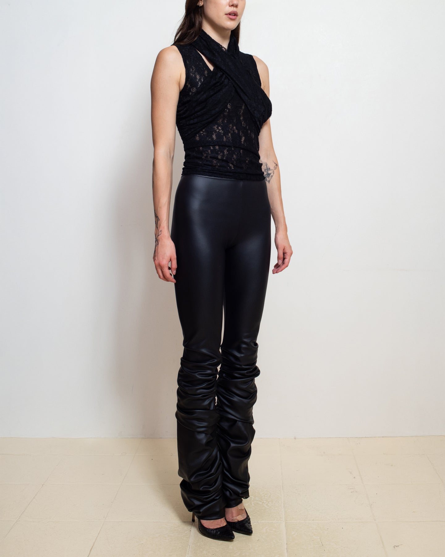 Black Wet Look Gathered Leggings